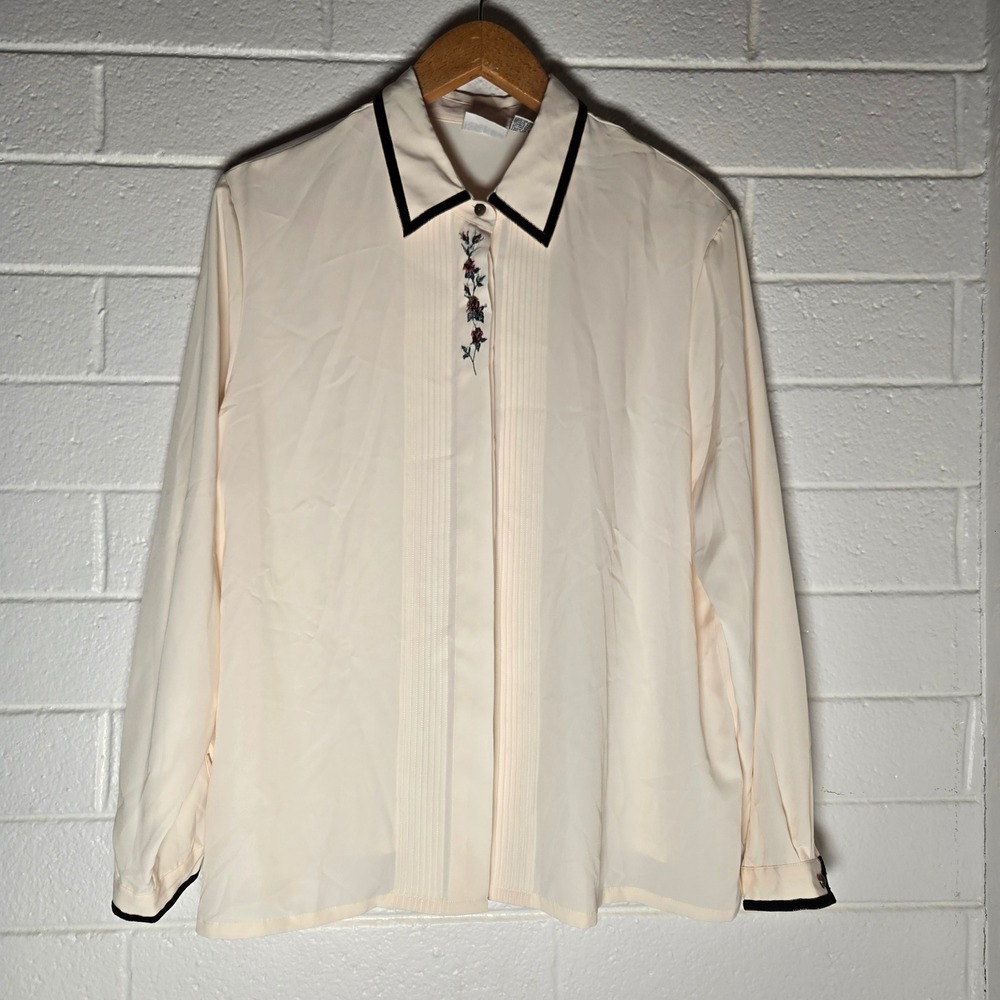 Vtg Koret Womens Blouse Cream Floral Embroidered Pleated Velvet Trim Formal 20 L